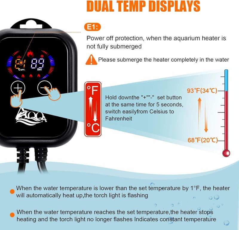 AQQA Aquarium Heater 800W for 80-220 Gallon Fish Tank Heater Submersible Betta Fish Heater for Aquarium Thermostat Heater for Freshwater and Saltwater (800W for 80-220 Gal) - Image 3